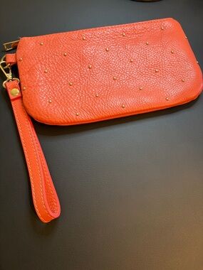 Textured Peachy Orange Wristlet Clutch with Gold Stud Accents
